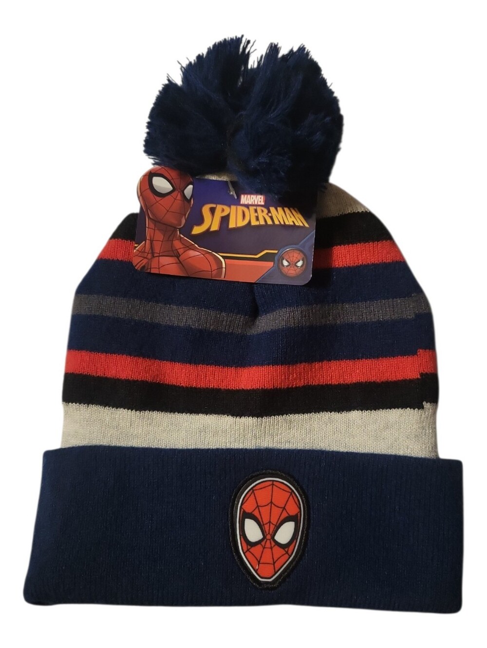 NWT Knit Cap Hat Marvel  Spiderman Berkshire Fashions Stripe Beanie Blue Pom Pom